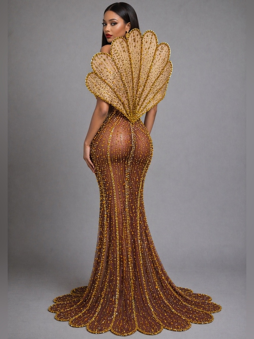Gold Beaded Evening Luxury Gown Handmade Dress Sheer Corset Crystal Embellished